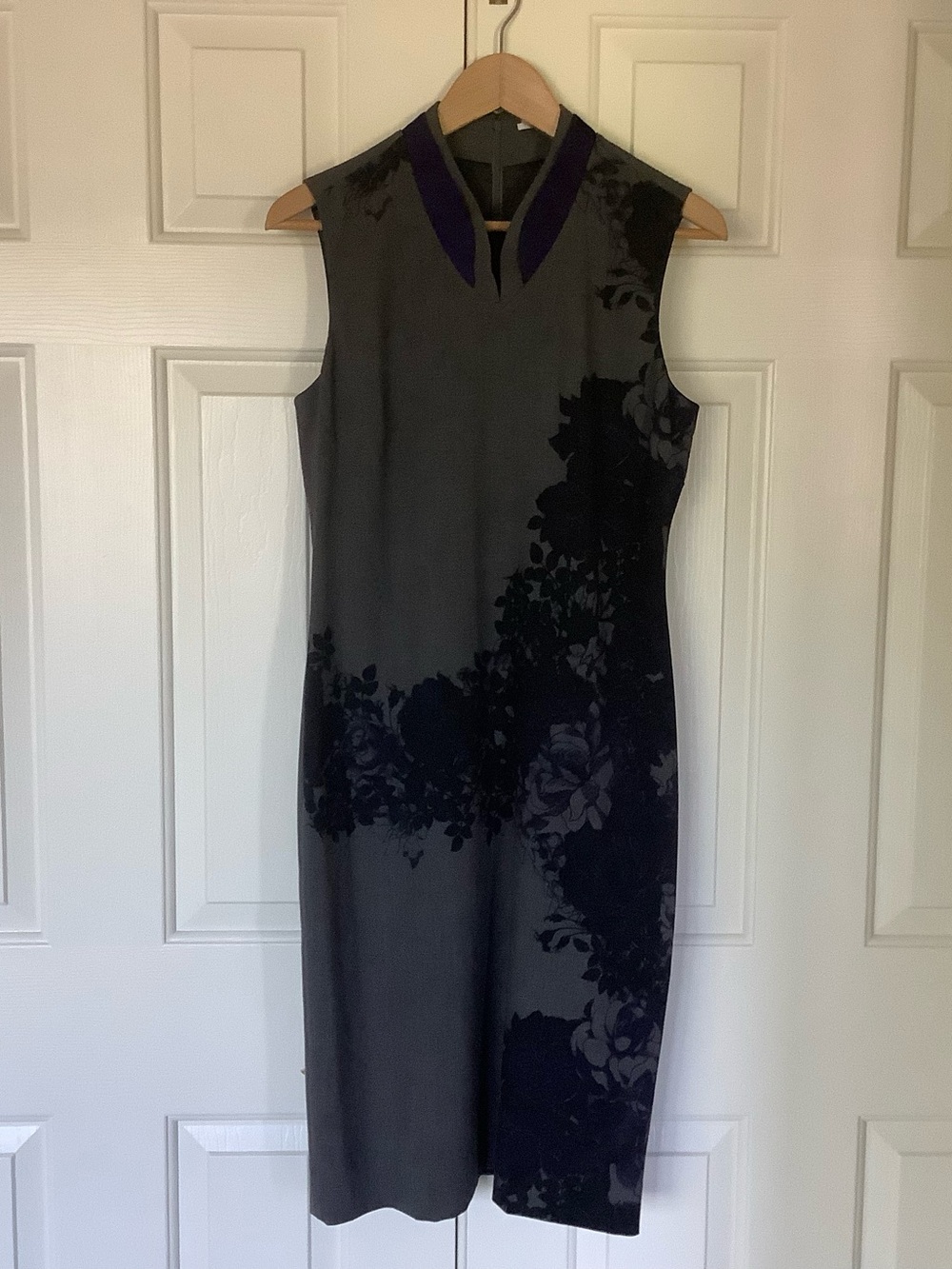 Tahari Gray Dress with Black Floral Velvet and Purple Trim